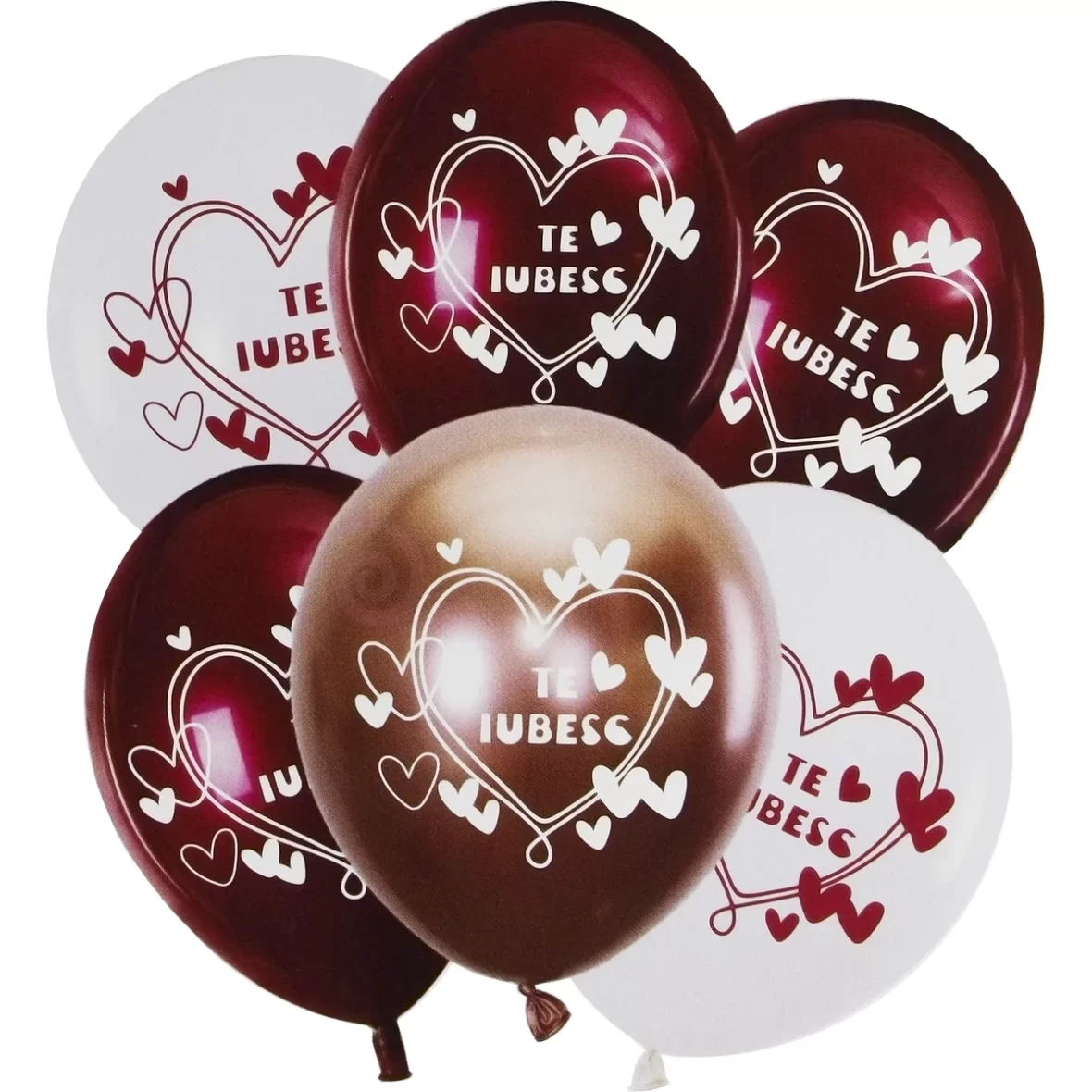 Set 6 baloane latex alb, rose gold grena, cu mesaj Te Iubesc, de 30 cm