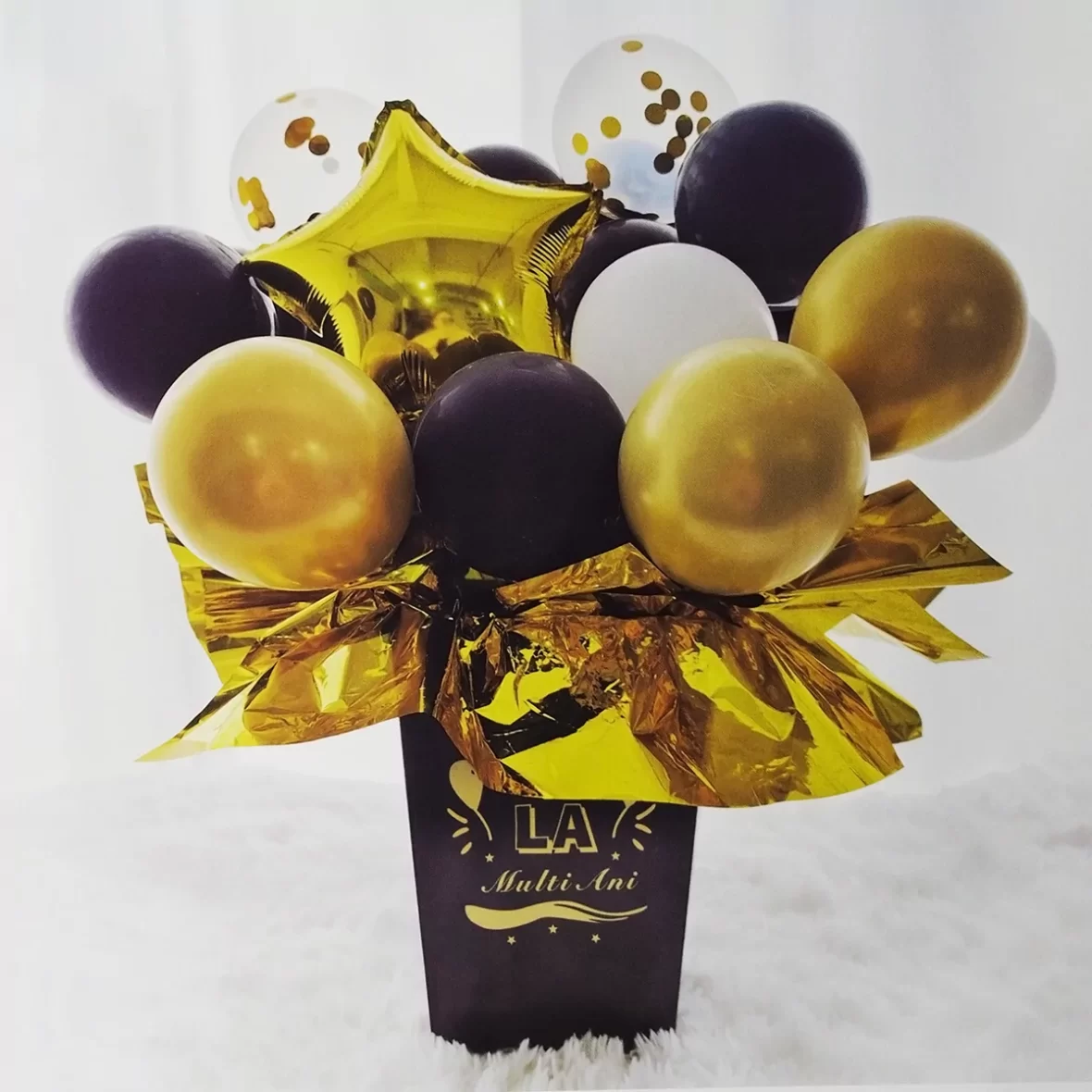 Set aranjament buchet 23 baloane aurii, negre si argintii in cutie cu mesaj La Multi Ani