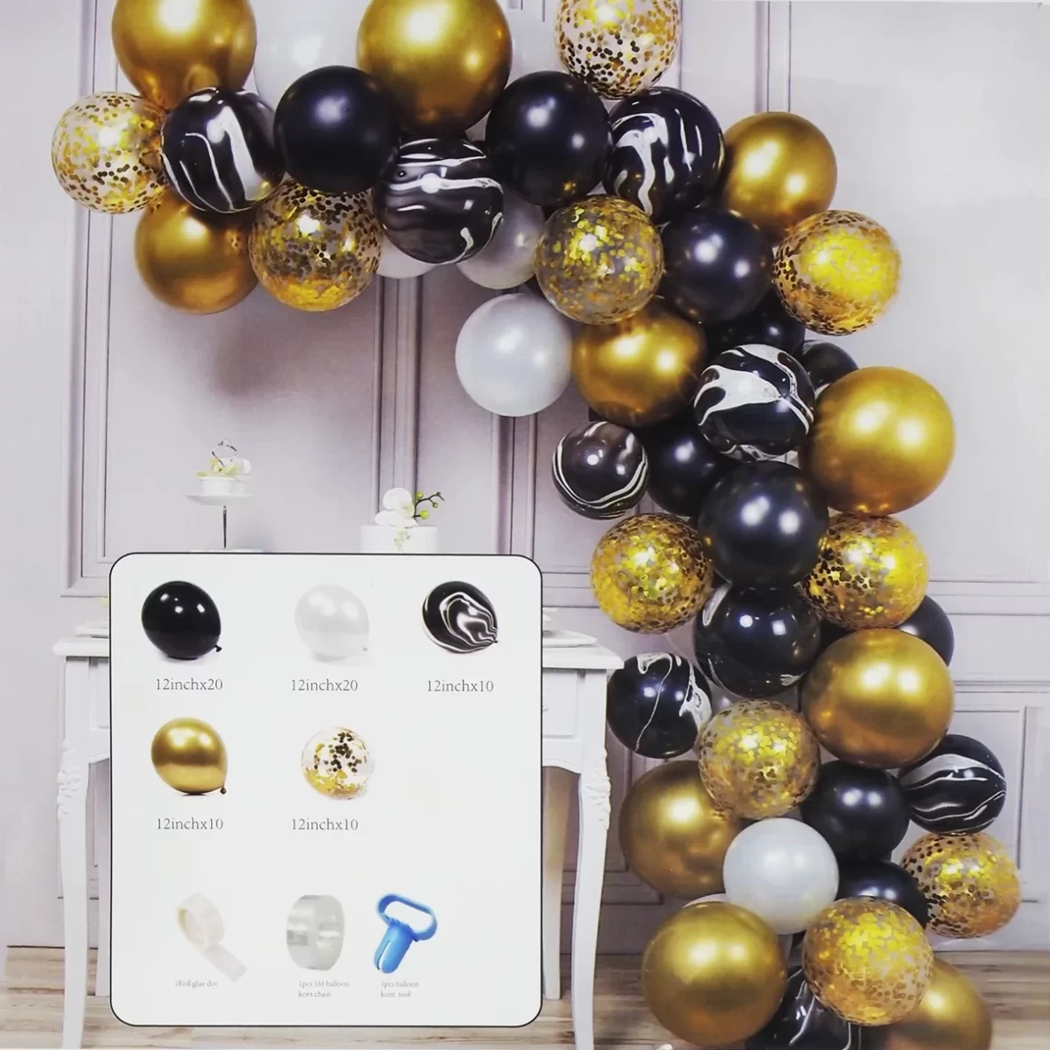 Arcada baloane aurii, negre, albe