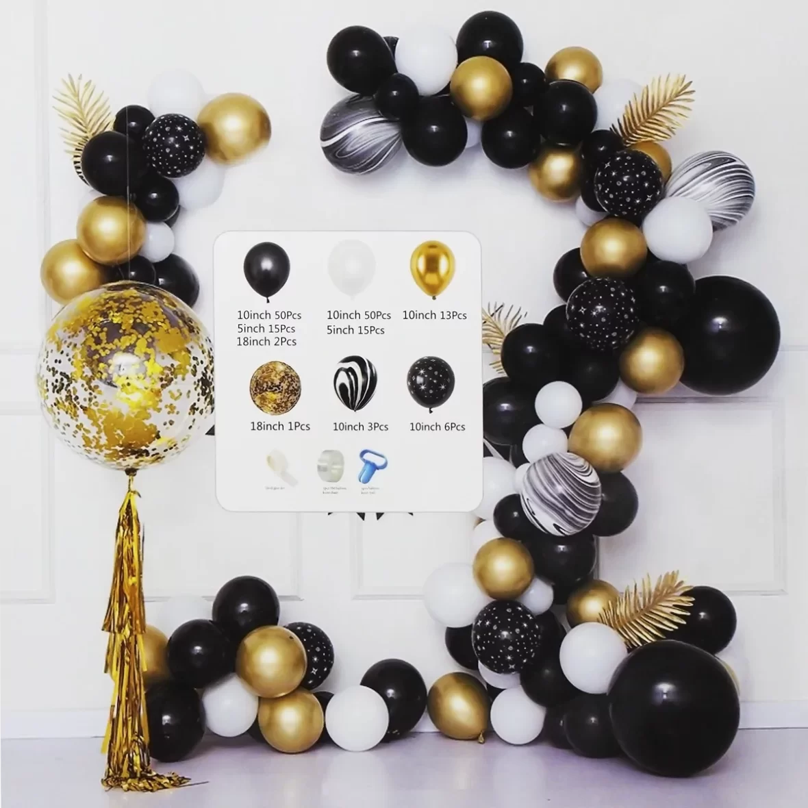 Arcada baloane aurii, negre si albe