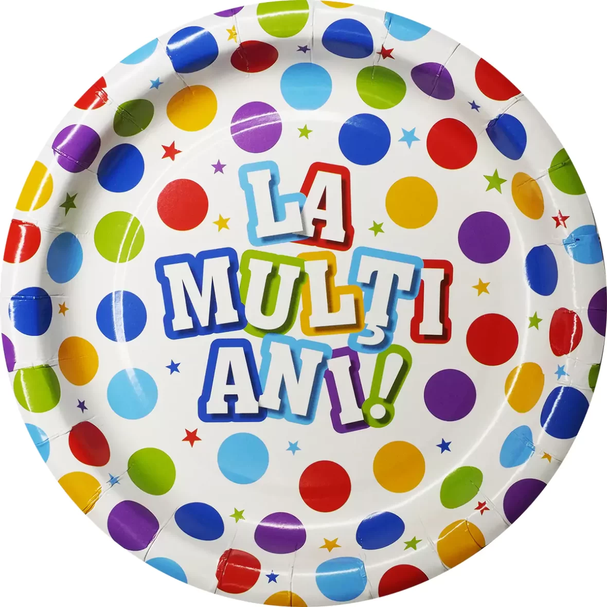 Set 10 farfurii La Multi Ani cu bulinute multicolore