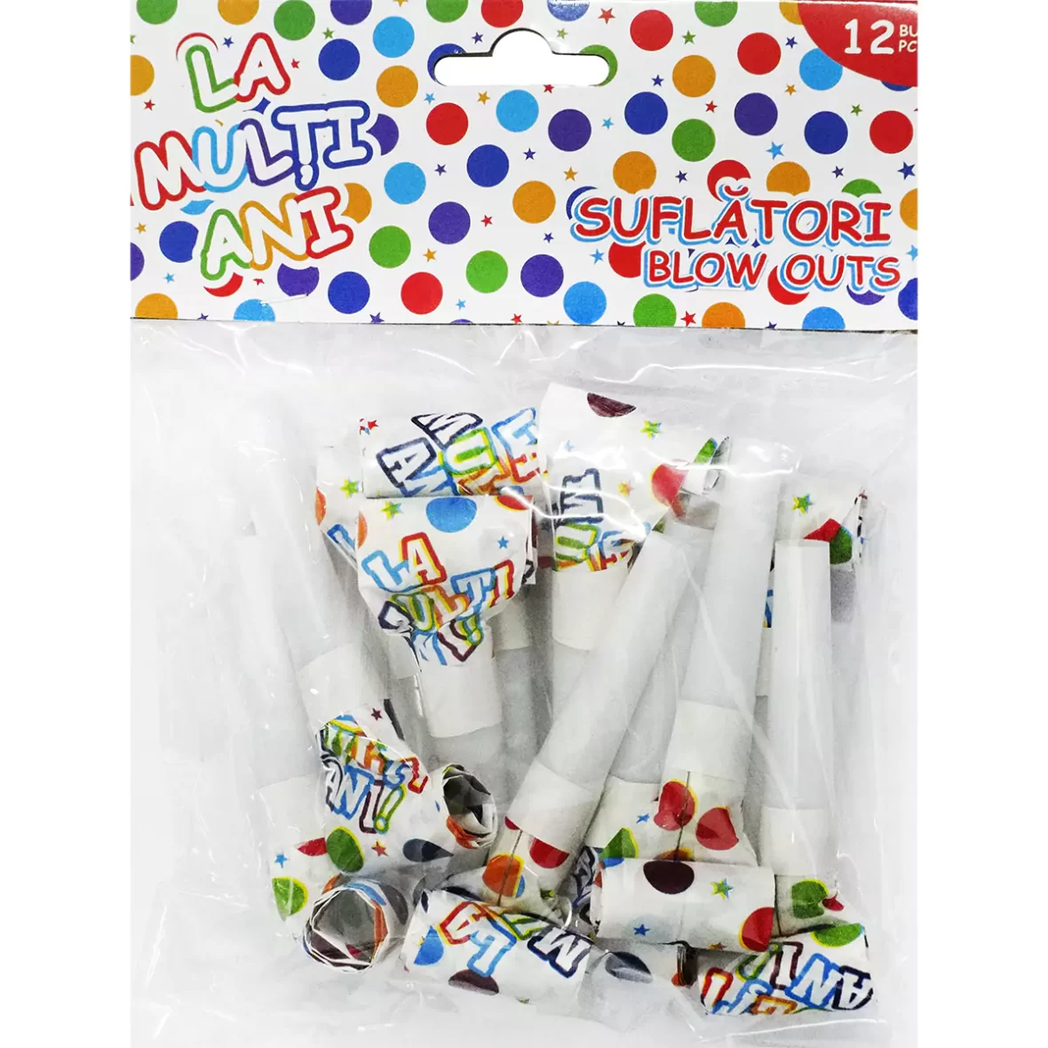 Set 12 suflatori La Multi Ani cu bulinute multicolore