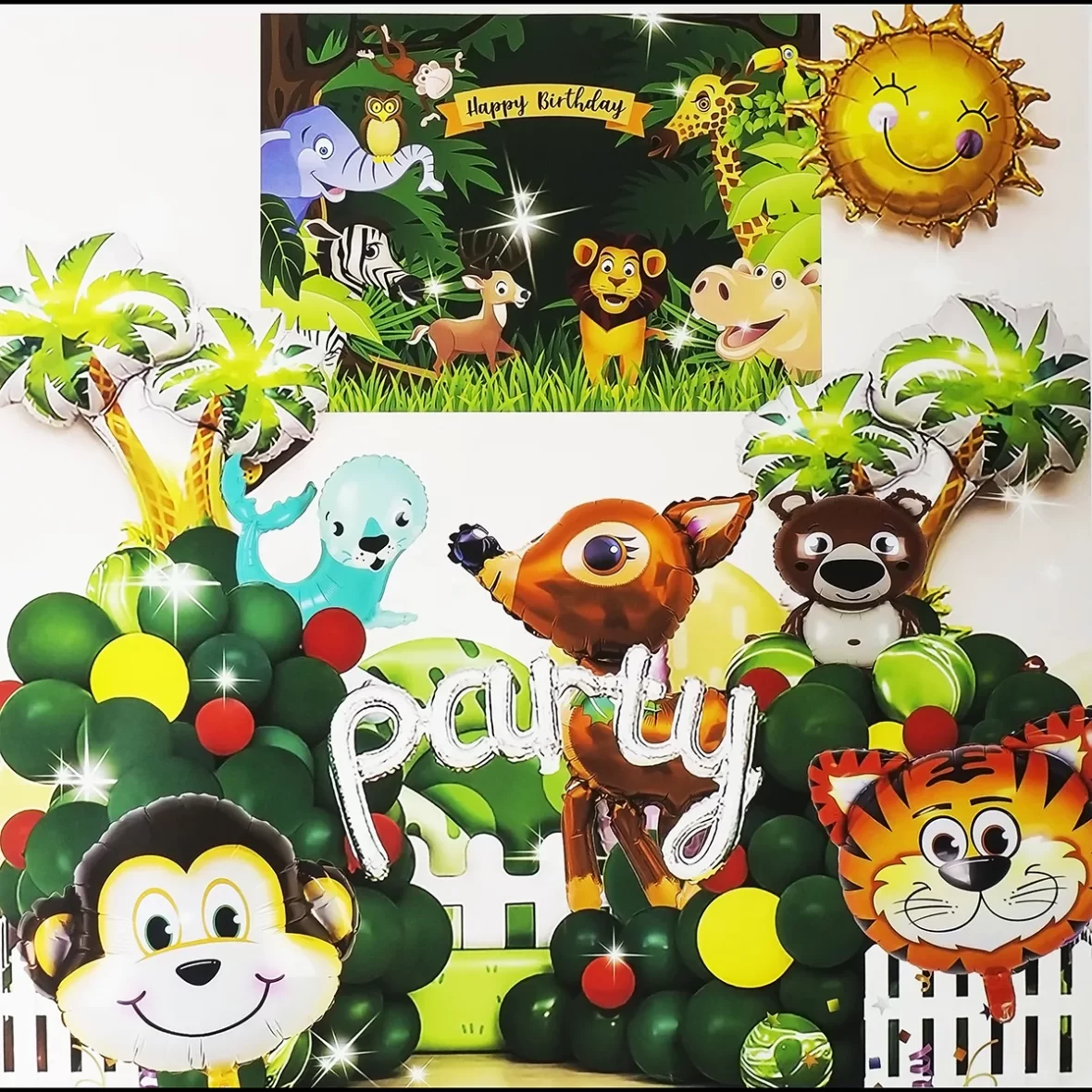 Set aranjament baloane folie si latex cu banner, Jungle Party