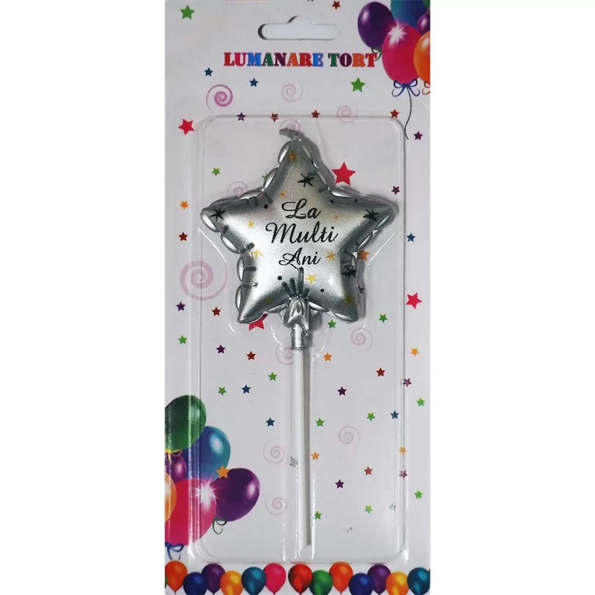 Lumanare tort in forma de steluta cu mesaj La Multi Ani, argintiu