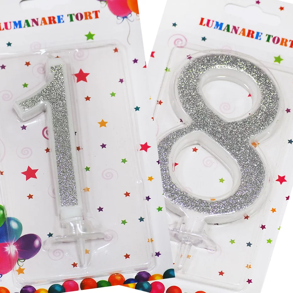 Set lumanare aniversara 18 ani, glitter, argintiu, 13 cm