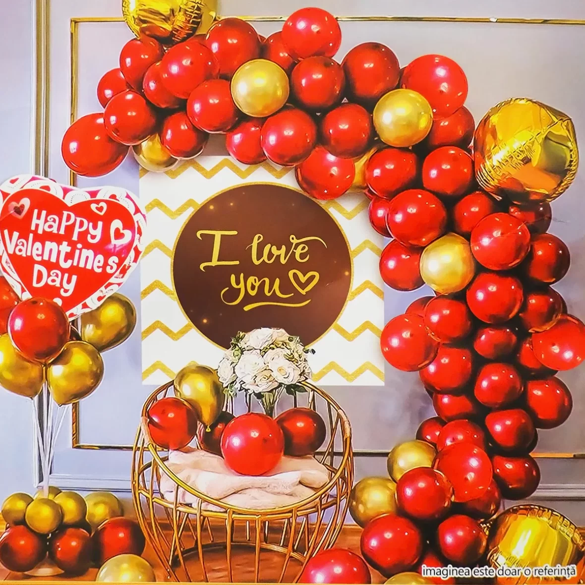 Set arcada 63 baloane in nuante de rosu si auriu, cu banner I Love You si balon folie Valentines