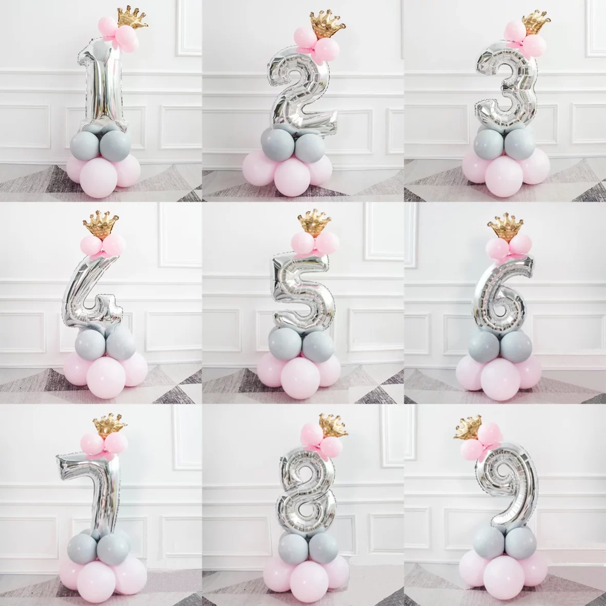 Set aranjament bundle 14 baloane cu Coronita si Cifra argintie