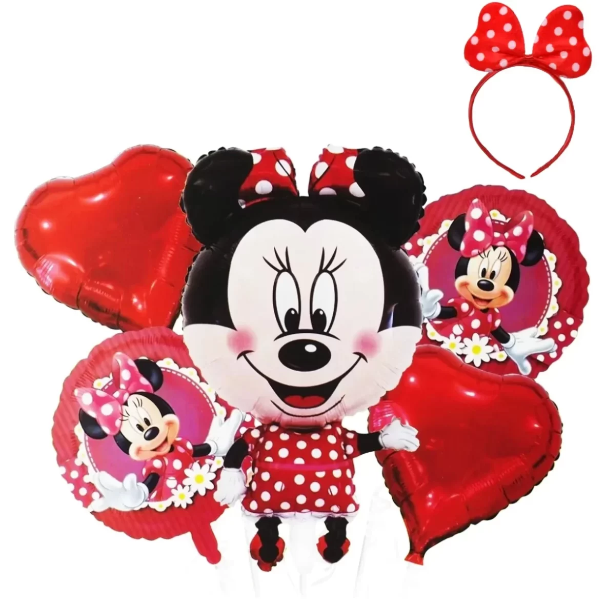 Set aranjament bundle 5 baloane folie Minnie cu Bentita cu fundita rosie