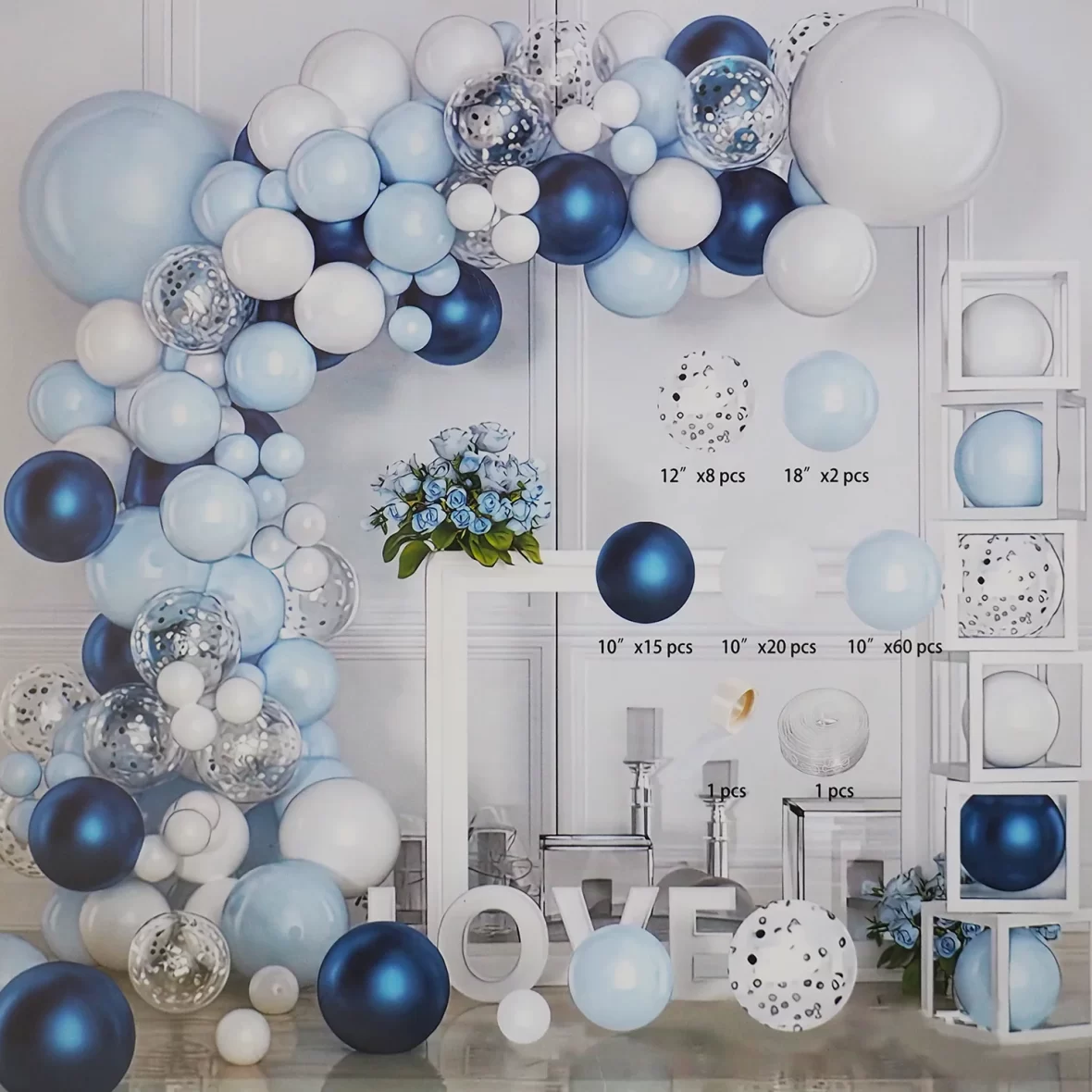 Set arcada 107 baloane, albastru, argintiu, alb, cu baloane confetti si accesorii