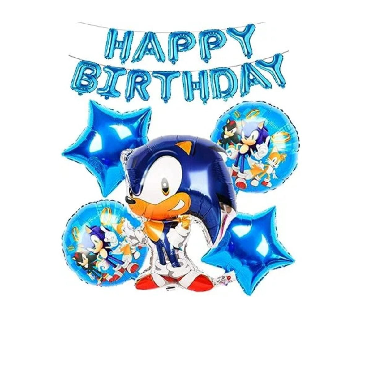 Set aranjament bundle 5 baloane folie Sonic cu ghirlanda HAPPY BIRTHDAY albastra