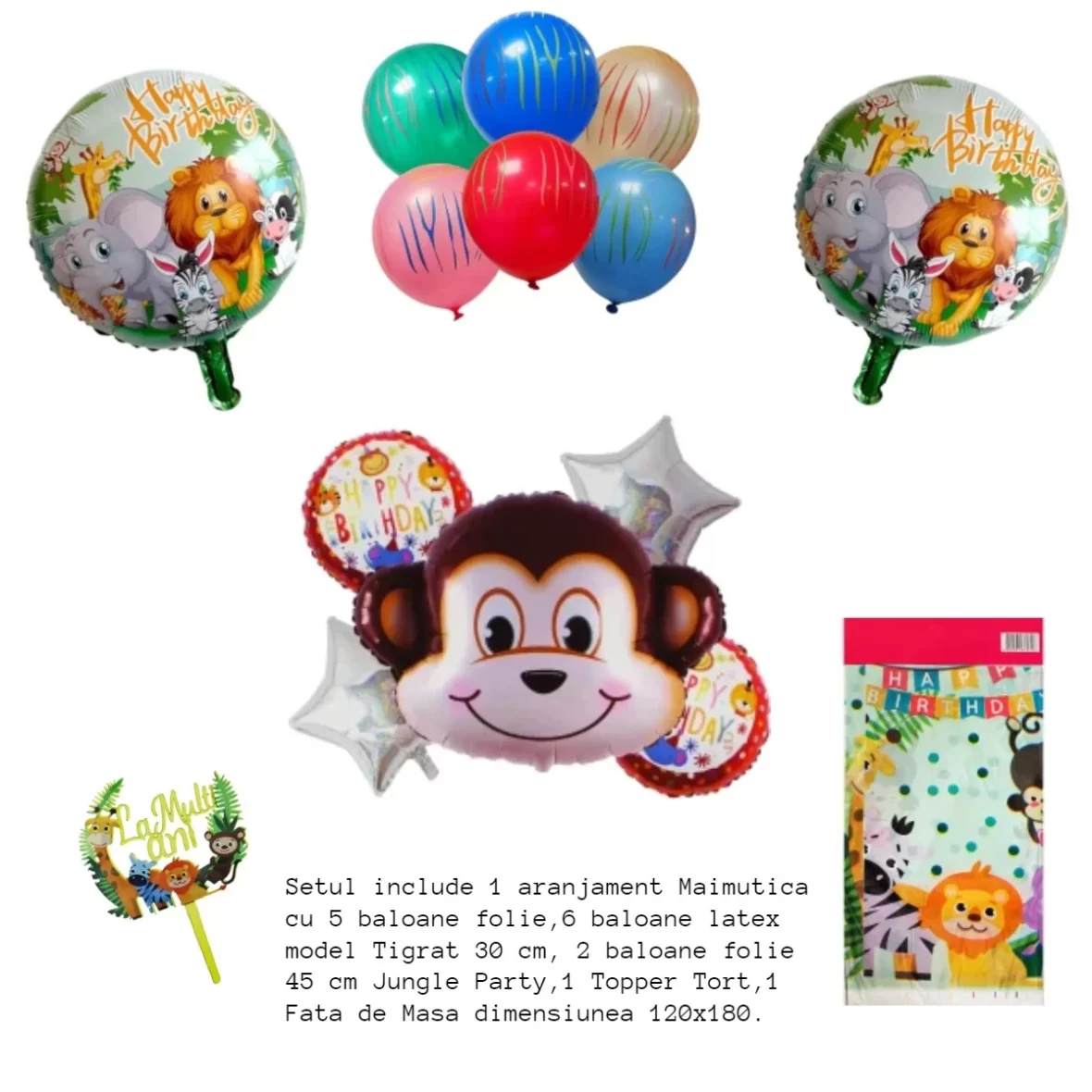 Set aranjament bundle Petrecere, baloane folie si latex, fata de masa, topper tort, Jungle Party Maimutica