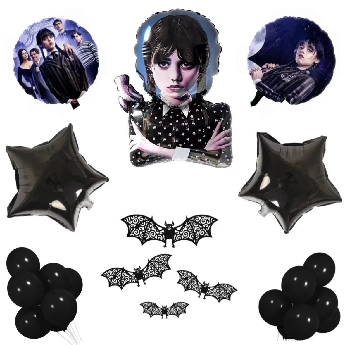 Set aranjament bundle 25 baloane folie si latex Wednesday cu decoratiuni Lilieci