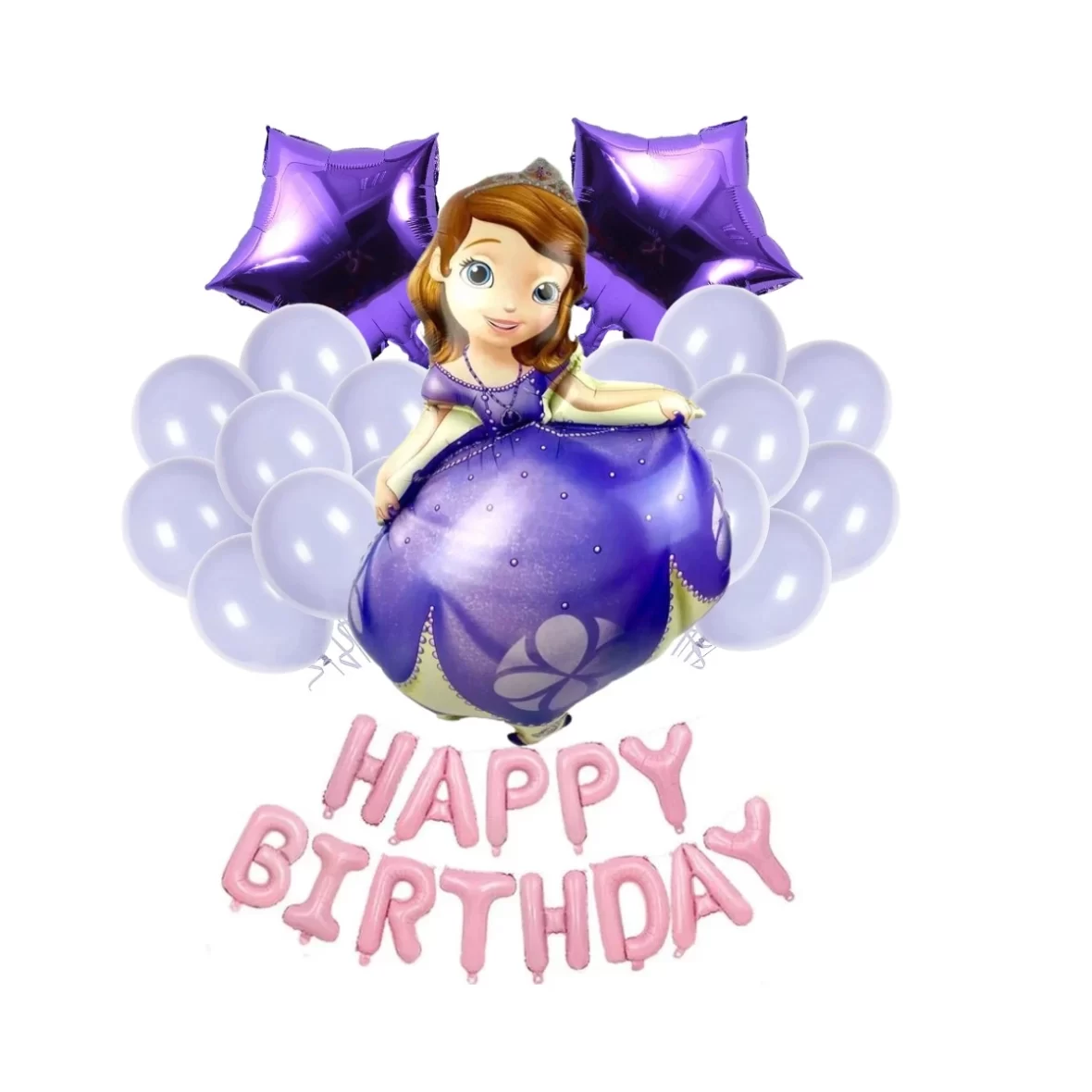 Set aranjament bundle 23 baloane folie si latex Sofia cu ghirlanda Happy Birthday