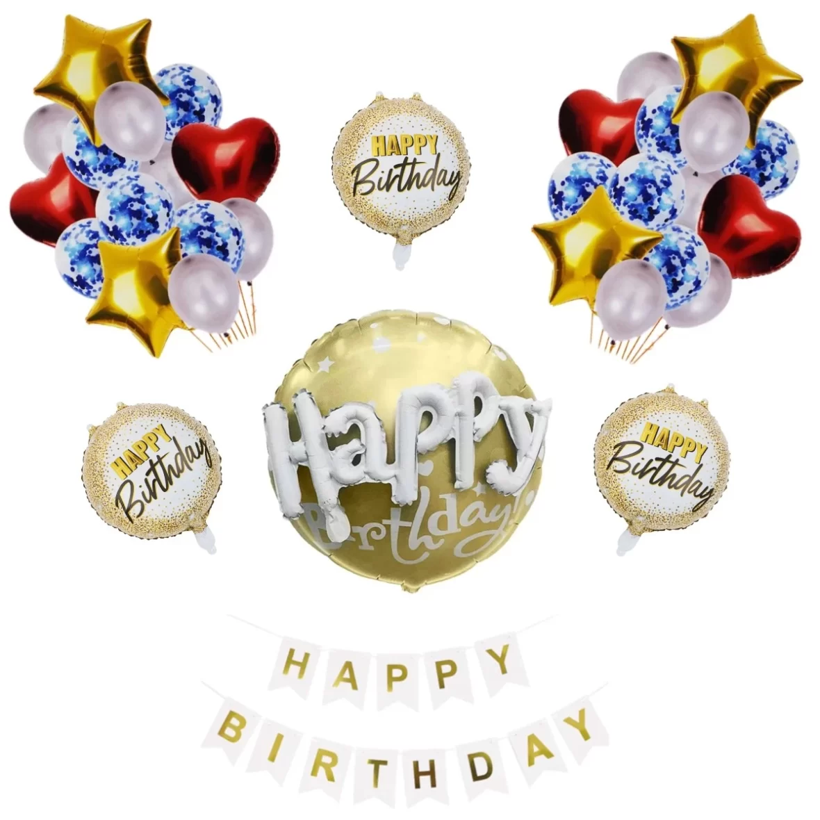 Set aranjament bundle 32 baloane folie si latex cu Ghirlanda Happy Birthday