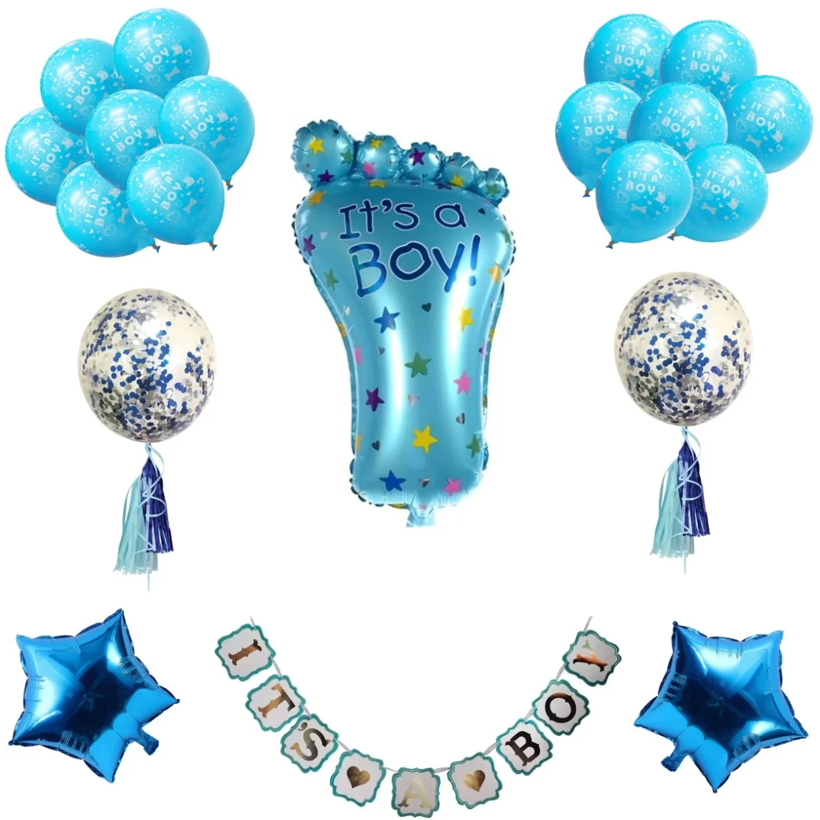 Set aranjament bundle 17 baloane folie si latex It’s a Boy cu Ghirlanda decorativa
