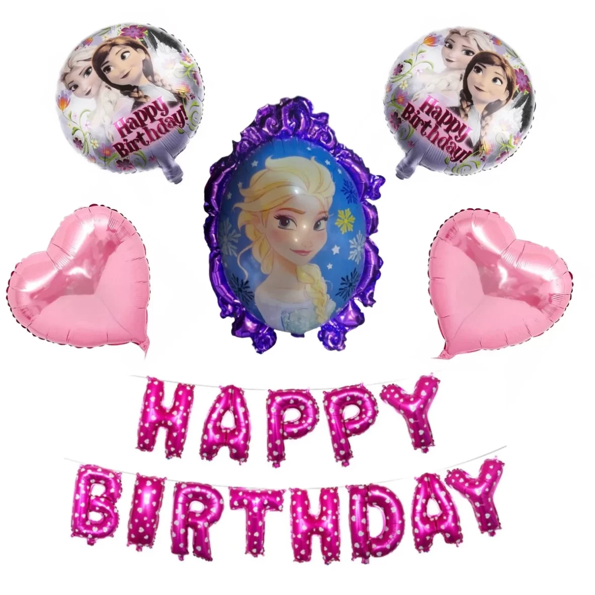 Set aranjament bundle 5 baloane folie Frozen cu Ghirlanda litere folie Happy Birthday roz cu picatele