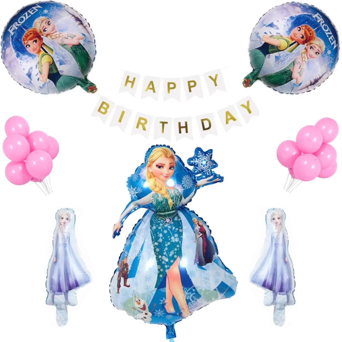 Set aranjament bundle 25 baloane folie si latex Frozen cu Ghirlanda Happy Birthday