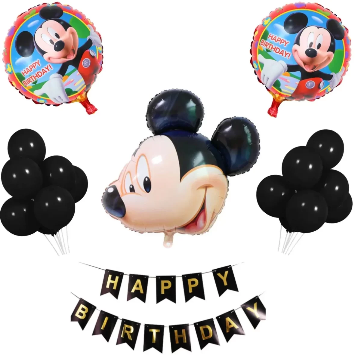 Set aranjament bundle 23 de baloane folie si latex Mickey cu ghirlanda decorativa Happy Birthday