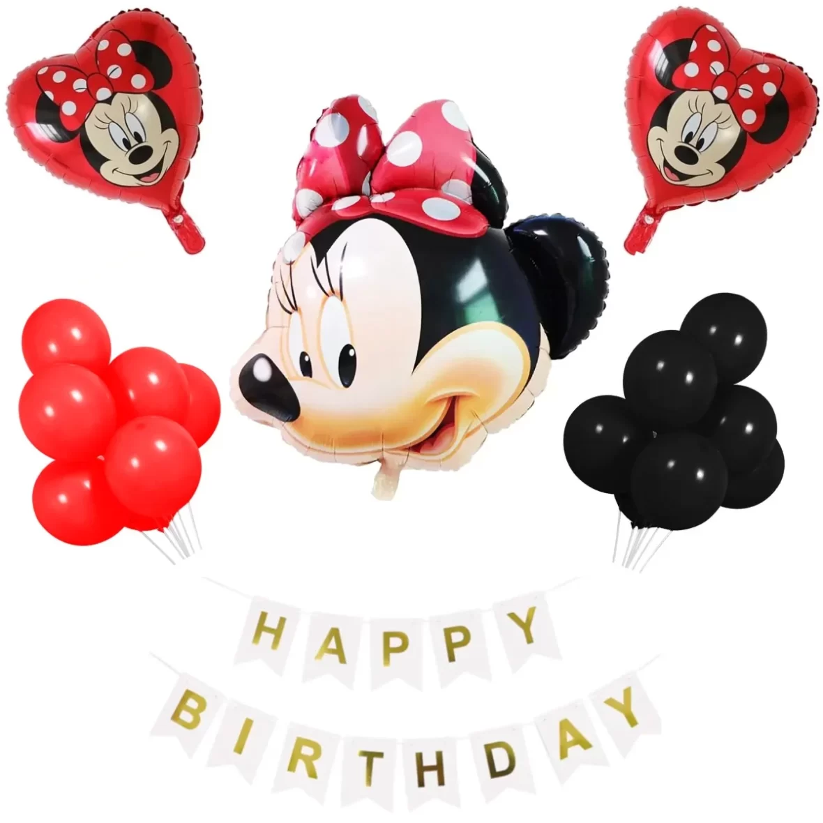 Set aranjament bundle 23 baloane folie si latex Minnie cu Ghirlanda decorativa Happy Birthday