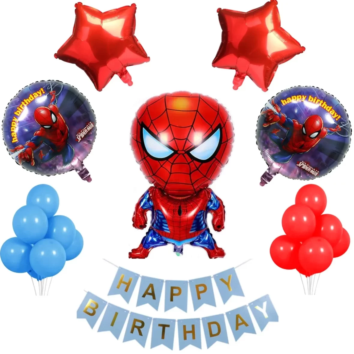 Set aranjament bundle 25 baloane folie si latex Spiderman cu Ghirlanda decorativa Happy Birthday