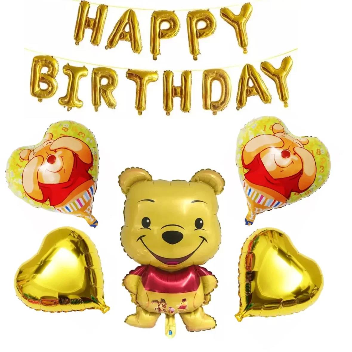 Set aranjament bundle 5 baloane folie Winnie si Ghirlanda Happy Birthday