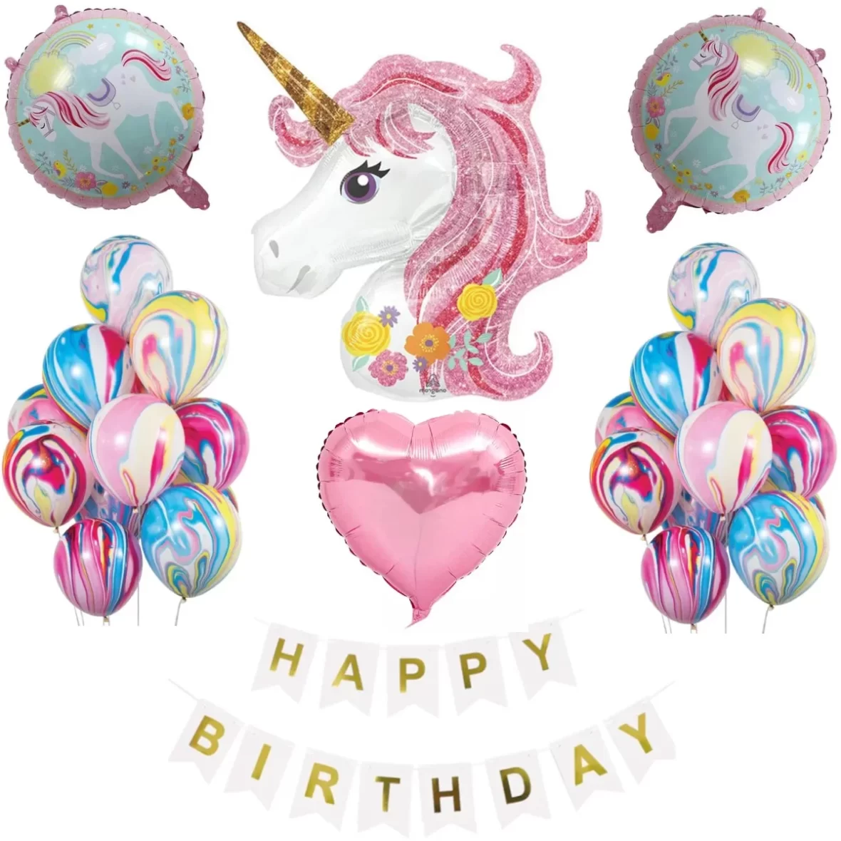 Set aranjament bundle 24 baloane folie si latex Unicorn cu Ghirlanda Happy Birthday