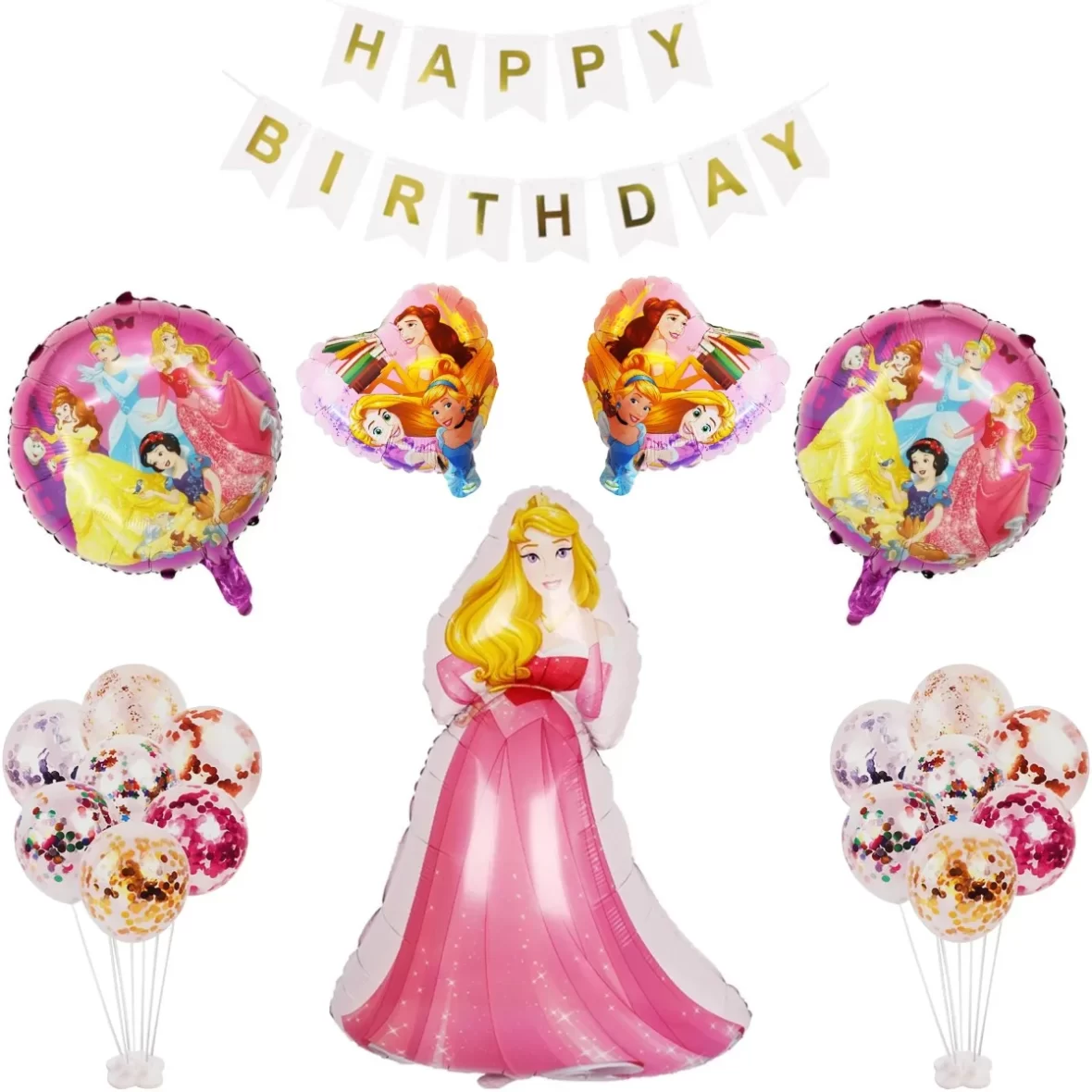 Set aranjament bundle 19 baloane folie si latex cu Suporti si Ghirlanda decorativa Happy Birthday