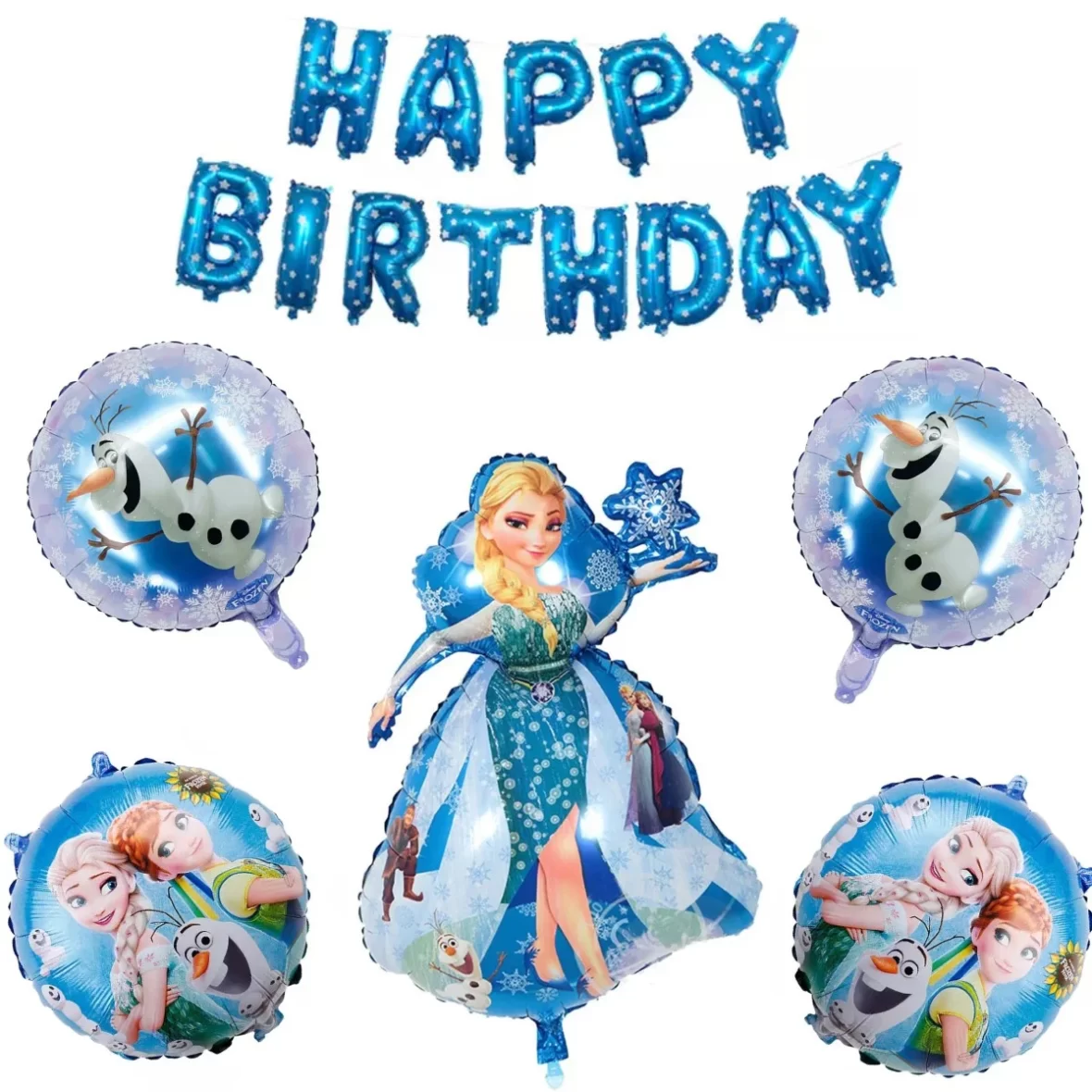 Set aranjament bundle 5 baloane folie Frozen cu Ghirlanda Happy Birthday Albastru cu Stelute