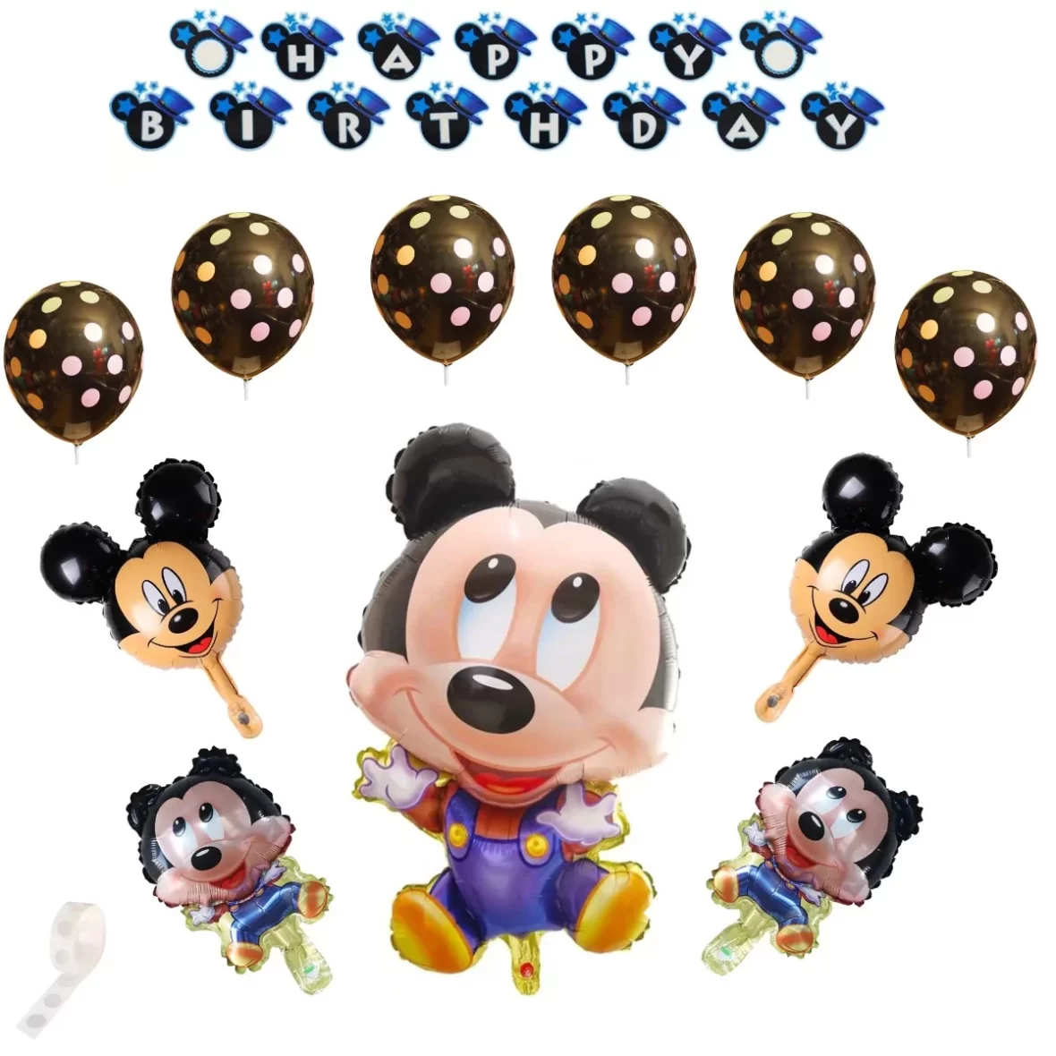 Set aranjament bundle 11 baloane folie si latex Mickey cu baloane cu buline si Ghirlanda decorativa Mickey cu Stelute