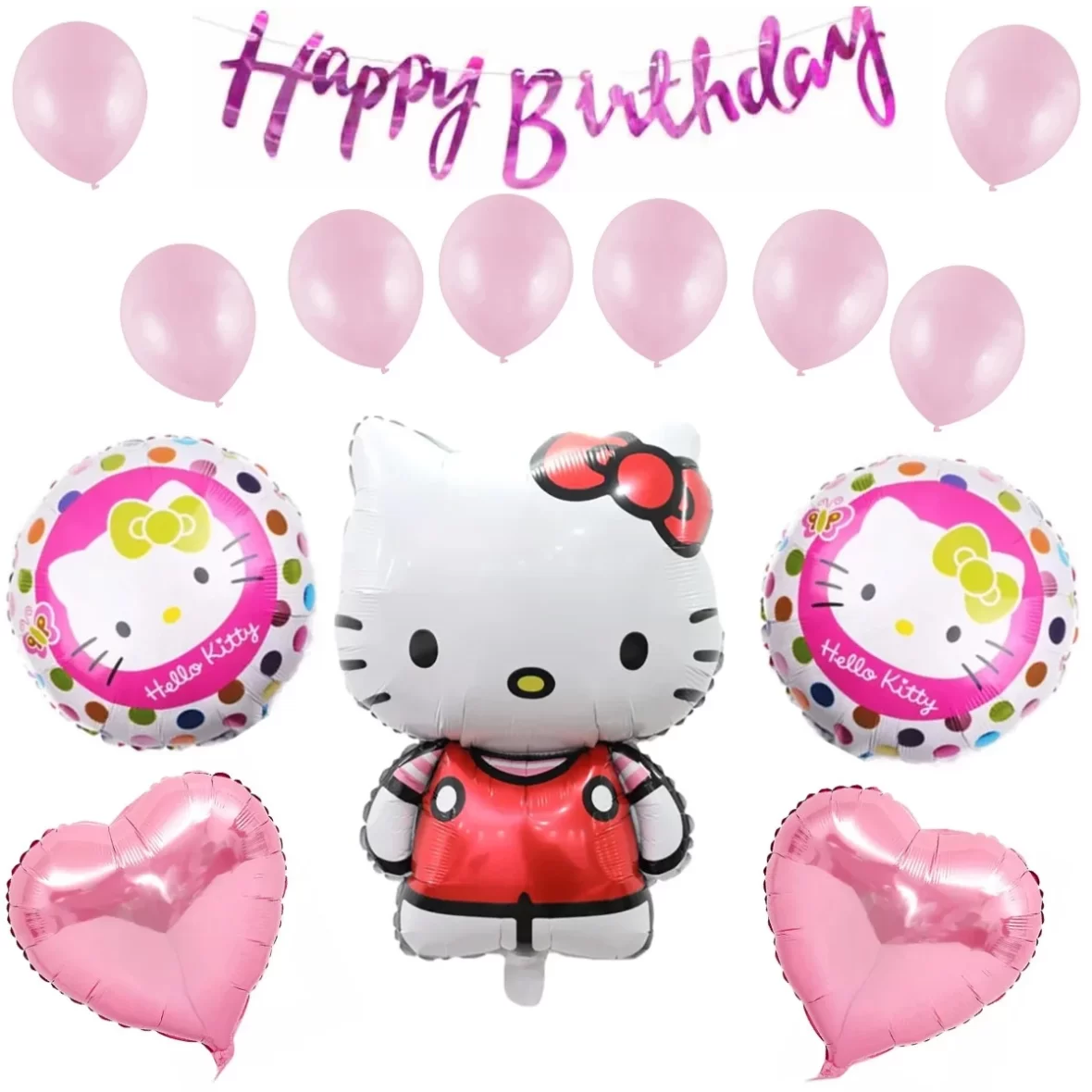 Set aranjament bundle 13 baloane folie si latex Hello Kitty cu Ghirlanda Happy Birthday Roz