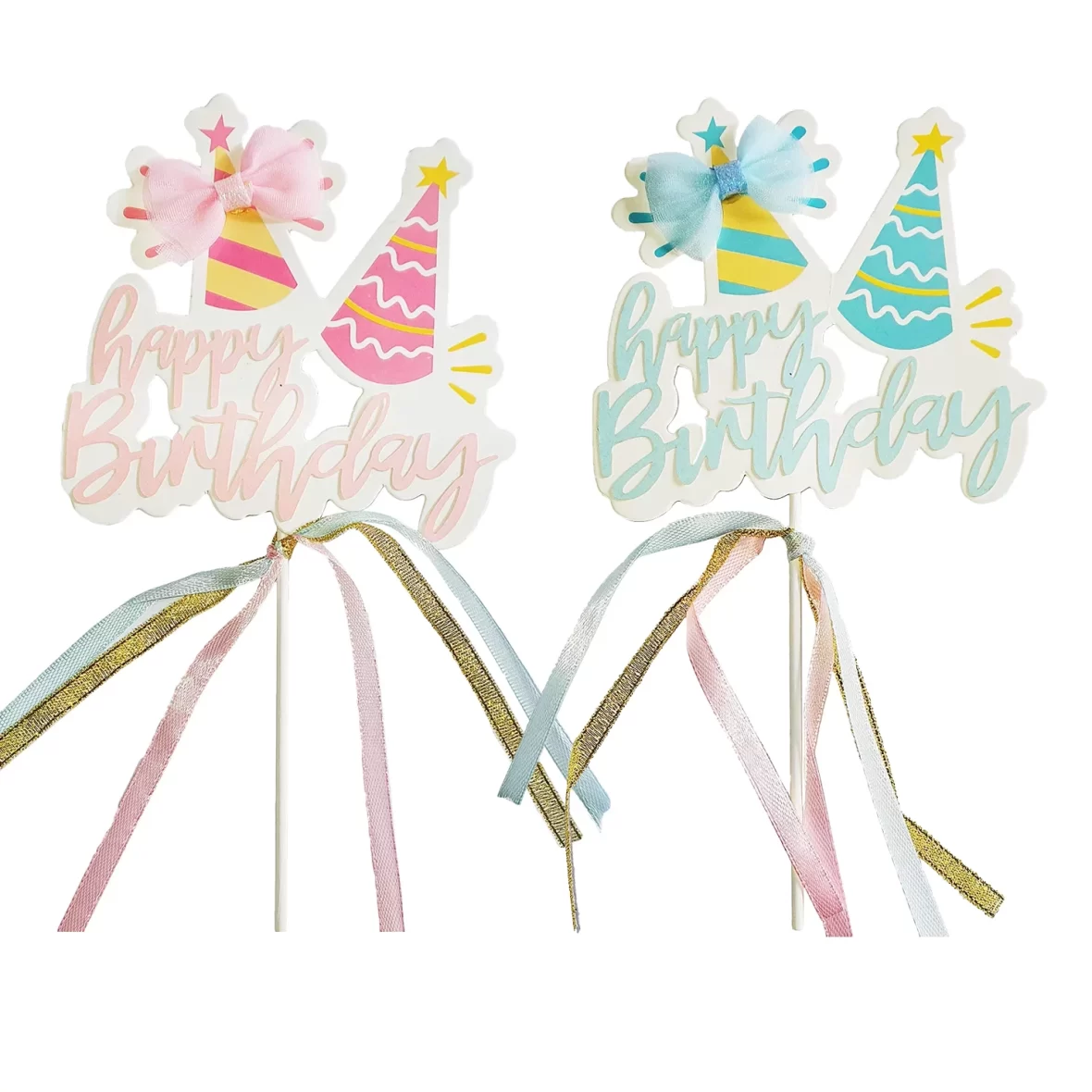 Topper tort Happy Birthday, cu coif si panglica 22 cm