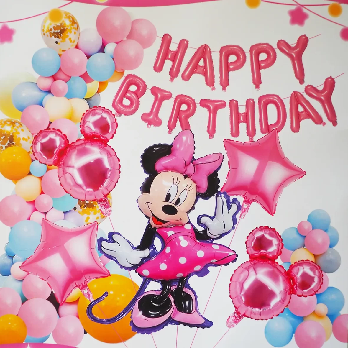 Set decor 60 baloane folie si latex Minnie cu Ghirlanda Happy Birthday si decoratiuni