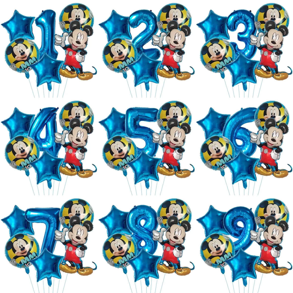 Set aranjament 6 baloane folie cu Cifra si figurina Mickey Mouse, albastru, bundle