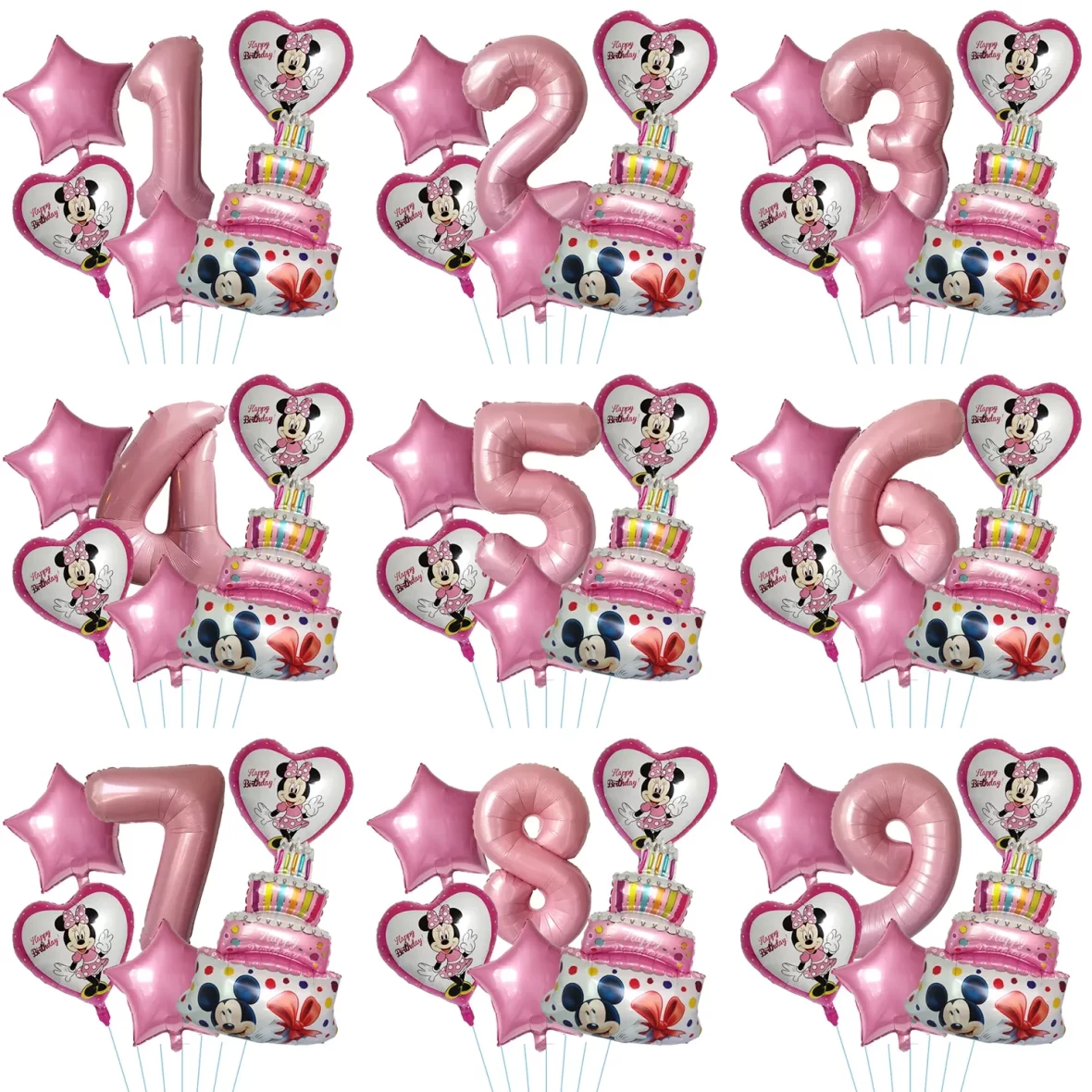 Set aranjament 6 baloane folie cu Cifra si figurina Minnie, roz, bundle