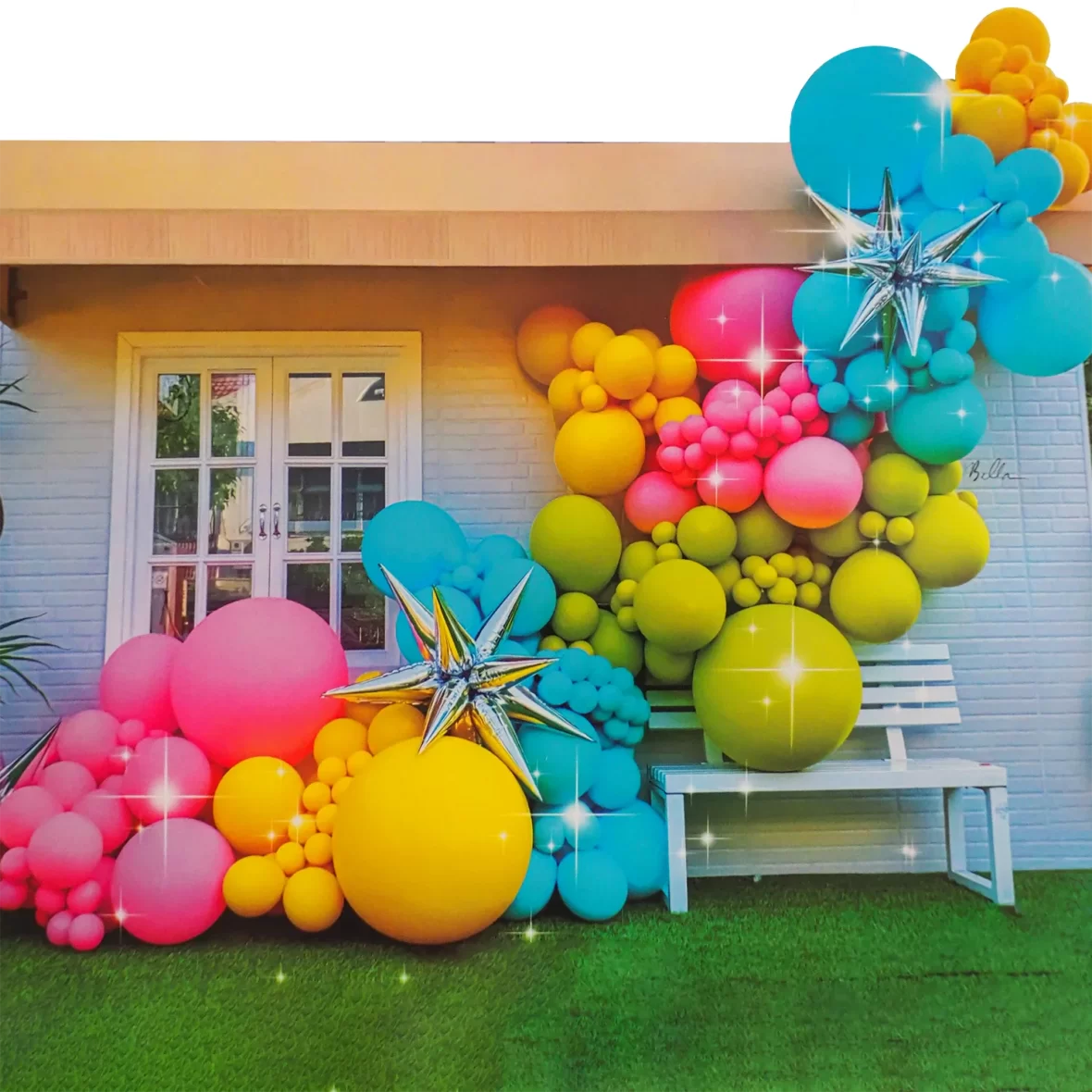 Set arcada cu 88 de baloane multicolore cu steluta 3D argintie