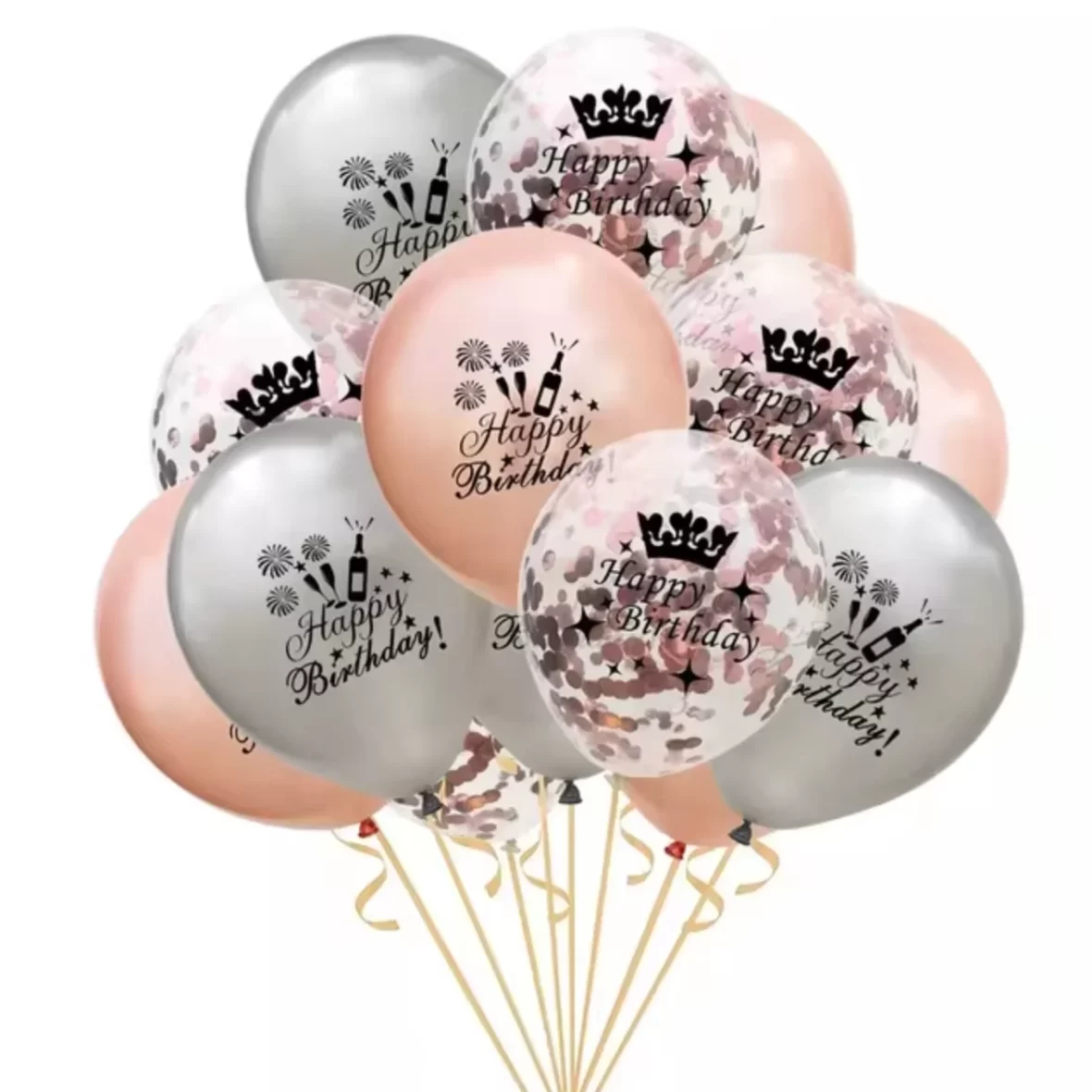 Set 10 baloane latex inscriptionate Happy Birthday, in nuante de auriu si argintiu, cu confetti auriu