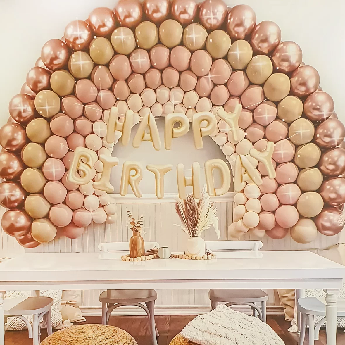 Set arcada cu 80 de baloane, cu ghirlanda Happy Birthday, in culori rose gold, somon, sand