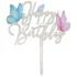 Topper tort Happy Birthday, argintiu cu fluturasi 16 cm