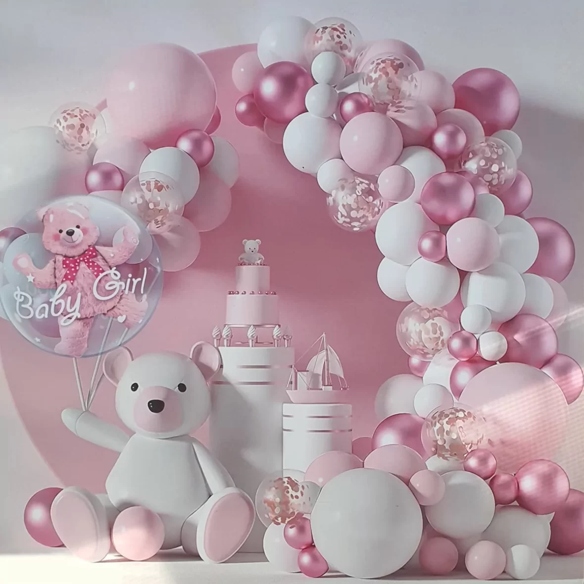 Set arcada 72 baloane in nuante de roz cu alb, cu baloane confetti si balon Ursulet