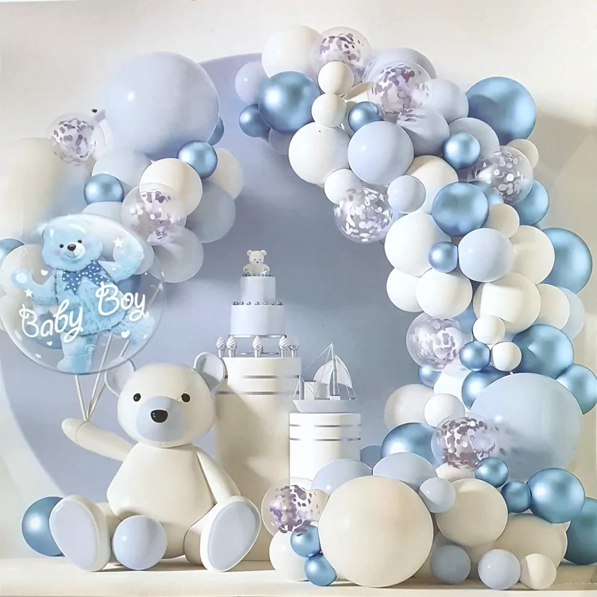 Set arcada 72 baloane in nuante de albastru cu alb, cu baloane confetti si balon Ursulet