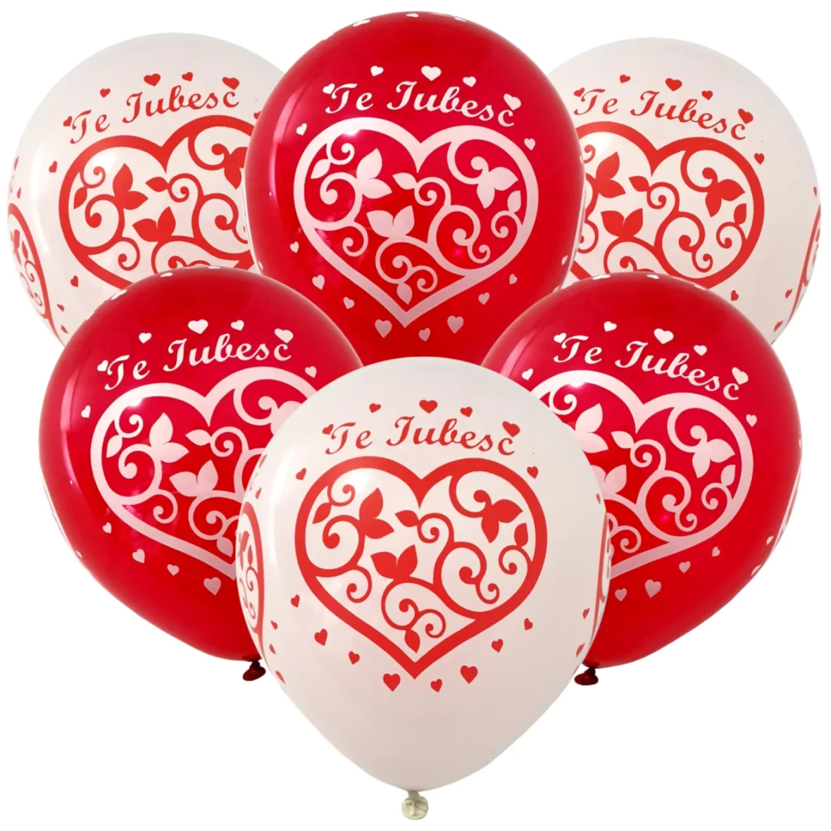 Set 6 baloane latex imprimate cu inimioare si mesaj Te Iubesc